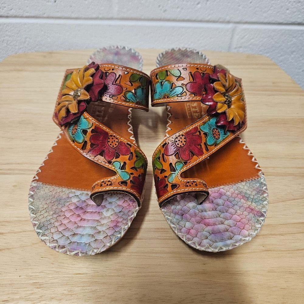 Spring Step L'Artiste Vardi women’s Leather Floral Sandals wedge comfort size 9 - Picture 2 of 12